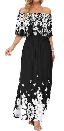 Image of AUSELILY Womens Off Shoulder Ruffle Split Summer Maxi Dresses with Pockets | Off-shoulder Ruffle dress with empire waist & side split for summer beach and casual parties