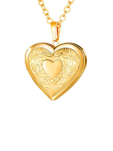 U7 Colgante Corazón Foto para Mujer Dorado Acero Inoxidable, Collar Mujer Guarda Foto Medallón de Corazón de Flores Chapado en Oro 14K Joyería para Mujeres con Caja Regalo