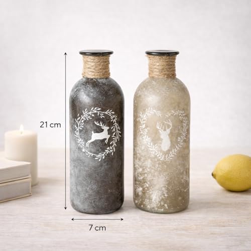 ReWu Vase Glasvase 2er-Set - Hirsch Motiv - Gefrostet Dekovase Dekoration Wohndekoration Dekorativ Glas Landhausstil Dekoflaschen Tischvasen Flaschenvase mit Sisalband 7 x 21 cm