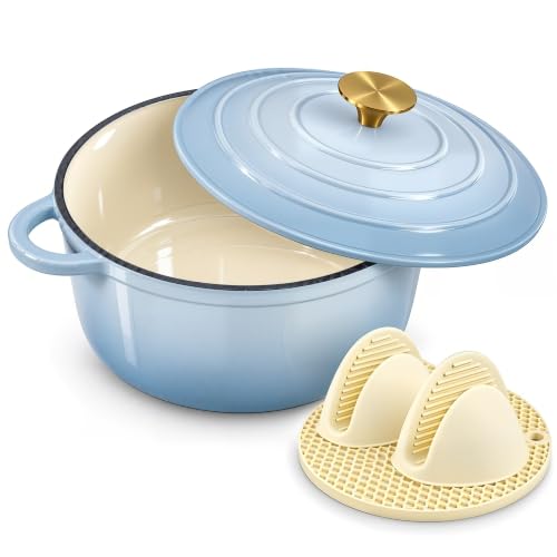Nilpferd Gusseisen Topf Schmortopf Emaille Bräter, Puderblau, 24cm/4L – Ansicht 1