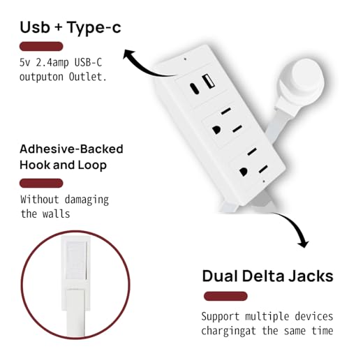Extensión eléctrica PULOSYI con 2 tomas, puertos USB-A y USB-C, cable retráctil de 22 a 27 pulgadas y enchufe rotativo 180° miniatura 6