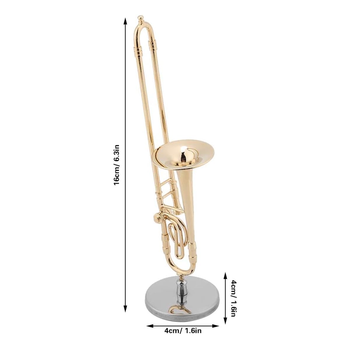 Réplica de trombón en miniatura con soporte y estuche, instrumento chapado en oro, réplica de trombón de saxofón en miniatura chapado en oro de 14 cm.
