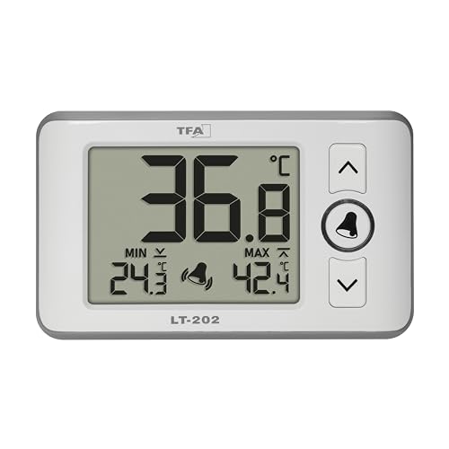 TFA Dostmann Digitales Profi-Thermometer mit wasserdichten Kabelfühler LT202, 30.1052, permanente Anzeige der Max.-Min.-Werte, Temperaturalarm, für Aquarien/Kühlschränke geeignet, weiß