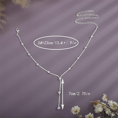 YERTTER Silver Sparkly Full Rhinestone Chain Choker Tassel Necklace Long Crystal Collar Necklace Statement Choker Necklace for Party Music Bar Women Silver 14