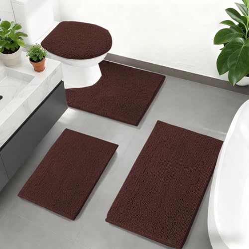 RUN HELIX Chenille Bath Rug Set 4pc U-Shaped Coffee Brown