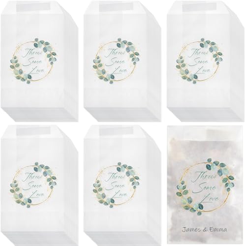 Clabby 100 Pcs Wedding Confetti Bags 105 x 70 mm Confetti Favor Hen Party Candy Bags Throw Some Love Flower Paper Glassing Envelopes for Spring Wedding Baby Shower Bridal Shower (Green Leaf Style)