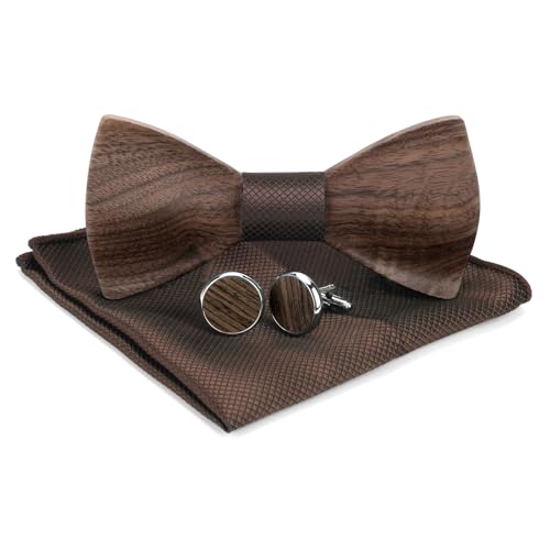 MUCOOS Holzfliege Herren Walnussholz Fliege mit Einstecktuch Sets Holzfliege Anzug und Einstecktuch Fliege Herren Holz Holz Manschettenknöpfe Braun Geeignet für Hochzeiten Abendessen Geschäfts