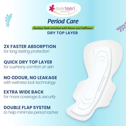 everteen XXL Dry Neem-Safflower Sanitary Pads for Women - 40 Pads, Rash Free, Anti Tan, Skin Friendly, Double Wing Shape, Advanced Leak Protection, XX Large, 320mm - 1 Pack (40... - Image 3