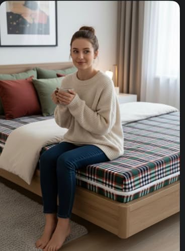 Image of Fairy Down Cotton 300 TC Mattress Cover /Protector with Zip /Chain for Dewan Size Bed Color: Green Check | Size: 78 * 48 * 12 Inches (7 * 4 Feet)