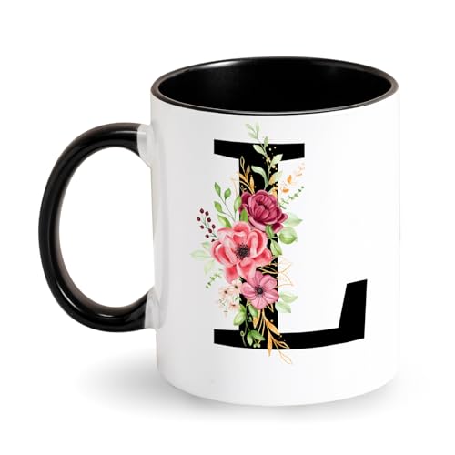 Initiale Tasse Personnalisée avec Motif Fleurs - Mug à Café Alphabet en Céramique Noir - Cadeau pour Femme, Ami, Maman, Collègue - Anniversaire, Fête des...