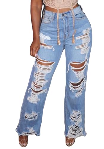LKOUS Women's Baggy Ripped Denim Pants, Cut Out Destroyed Tassels Jeans with Pockets