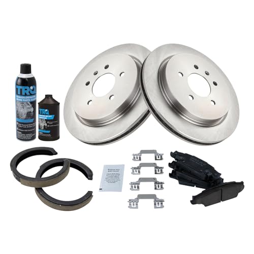 Image of TRQ Rear Brake Pad & Rotor Kit, with Chemical Kit Parking Brake Shoe Set Ceramic Compatible with 2005-2010 Cadillac STS