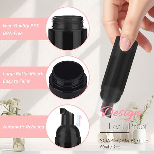 Foam Pump Bottle 2Pcs Travel Lash Shampoo Bottle, Empty Portable Refillable Mousse Foam Soap Dispenser for Hand Soap, Lash Cleanser, Shampoo, Face Wash, Cosmetics (Black, 2oz/60ml)3