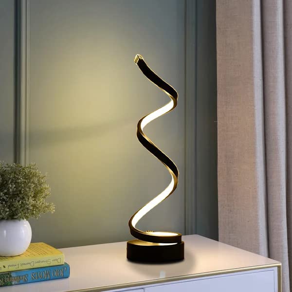 YESINO LED Bedside Table Lamp, Spiral Design, 12 Watts, Black Aluminum and Iron, Ideal for Bedrooms, Living Rooms, Reading Nooks, and Desks