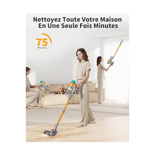 60KPA/600W Aspirateur Balai sans Fil, 75 Minutes Autonomie Aspirateur sans Fil Puissant avec Recharge Murale Écran Intelligent, aspirateur balai puissant pour Les Poils d'animaux/Tapis/Sols Durs