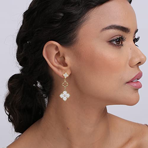 LeCalla 925 Sterling Silver Drop Earrings | Mother of Pearl Clover Earring | Mother of Pearl Stud Earring | Zirconia MOP Drop Dangle Hoop Earrings for Women2