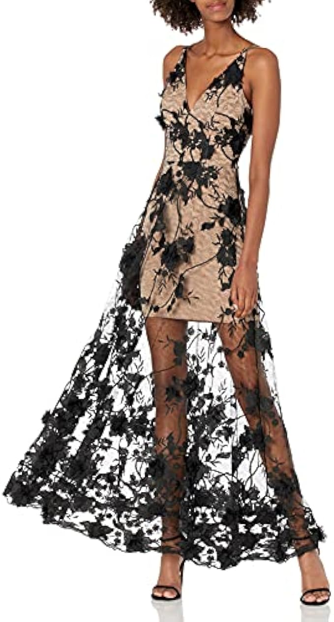 Dress the Population Women's Embellished Plunging Gown Sleeveless Floral Long Dress