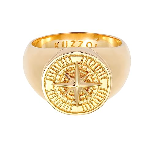Kuzzoi - Anello da uomo con sigillo rotondo,15 mm di larghezza, in argento Sterling 925, placcato oro, con simbolo della bussola, stile marittimo, per uomo, 60 (19,1mm), colore: gold