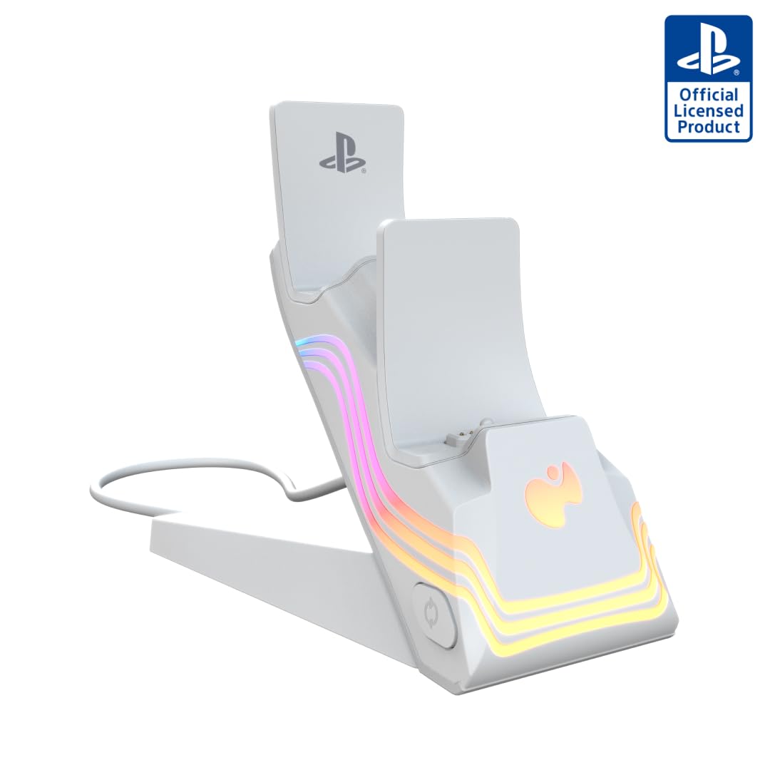 PDP Afterglow Wave LED Dual Gaming Charger for 2 PlayStation 5 DualSense Controllers, Compatible with PS5 and PS4, Customizable RGB Lighting Effects - White