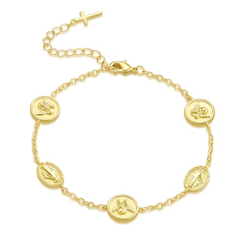 Gold Bracelets For Women 14K Gold Bracelet For Women Jesus Cross Bracelet For Womens Religious Cupid Coin Link Chain Virgin Mary Bracelets For Womens
