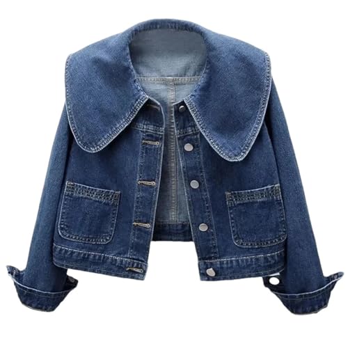 Women Denim Jackets For Sailor Collar Long Sleeve Coats Winter Single Breasted Jean Jacket Blue S