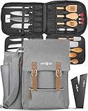 Chef Knife Bag Vintage Backpack | 30+ Pockets for Knives and Chef Tools | Knife Carrying Case with Hidden Back Pocket for Tablet | Sturdy Knife Bag for Chefs & Culinary Students (Heather Grey)