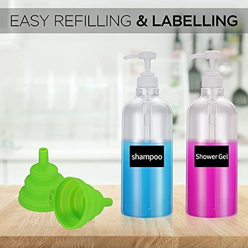 2 Pcs Shampoo and Conditioner Bottles, 1000ml Empty Plastic Refillable Handwash Shower Soap Pump Bottles Dispensers for Cleaning, Travel, Liquids, with Silicone Funnel and Labels