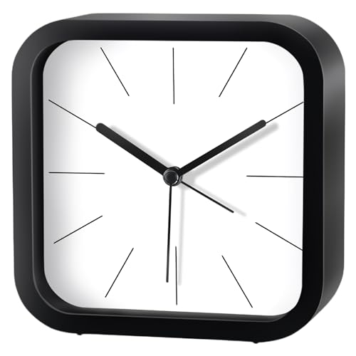 Modern Desktop Clock, Analog Clock Battery Operated with Silent No-Ticking Design, Small Tabletop Clocks for Office/Mantle/Desktop or Nightstand (Black-Square)