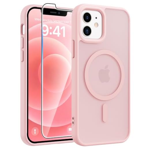 FNTCASE for iPhone 12/12 Pro Case, Fit for Magsafe, Light Pink | Screen Protector, Translucent Matte, Military Grade Drop Proof, Shockproof Protection Bumper, Protective Magnetic Phone Cover