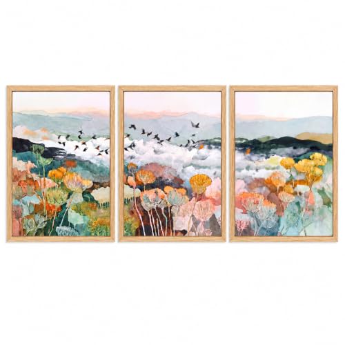 Floral Landscape Canvas Wall Art 3Pcs Framed Farmhouse Decor 24x24 Inch