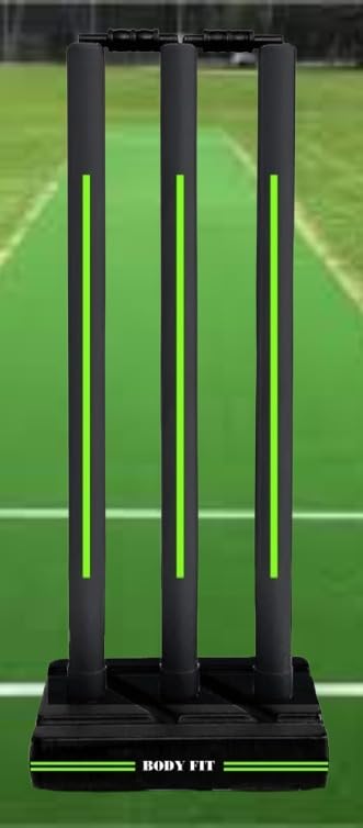 Image of Bodyfit Heavy Cricket Stumps | Plastic Wickets Set with 3 Stumps + 2 Bails + 1 Stand | Full Size Wickets for Cricket Ground, Tournament Wicket. (Black-FlorGreen)