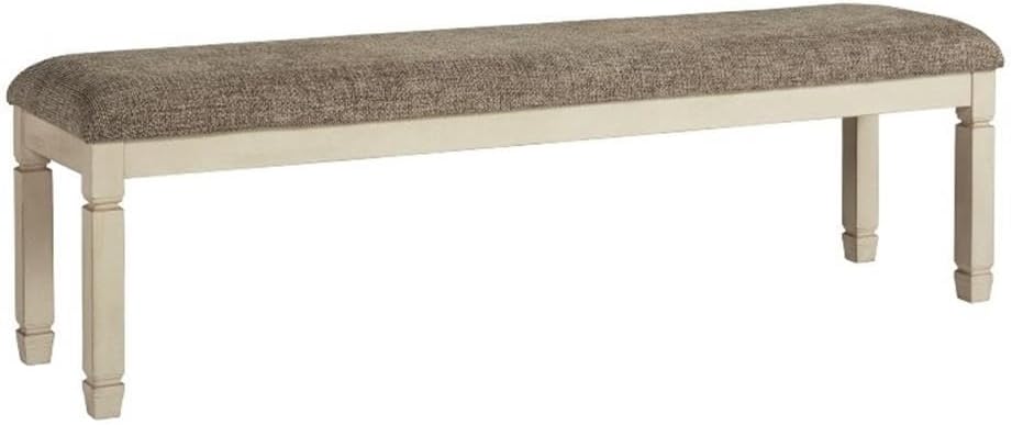 BOWERY HILL Modern Upholstered Dining Bench, 65 in Wood Frame, Veneer, Antiqued White & Beige Finish, Cushioned Seat with Heavy Woven Fabric, Farmhouse Style Seating for Kitchen or Dining Room