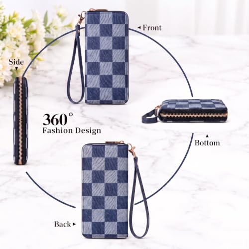 Image of Denim Checkered Wallet for Women, Zip Around Wristlet Wallet | Detachable Wrist Strap, Large Capacity Long Phone Wallet for Cards, Cash & Travel