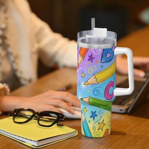 Vaso aislado Pencil Rainbow Dance de 40 oz con asa, el regalo perfecto para tus viajes en coche 8