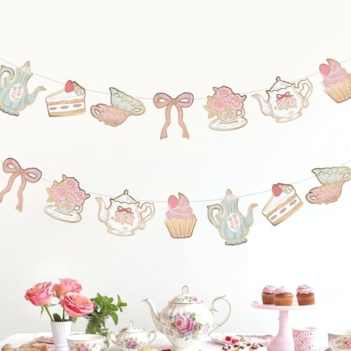 Cheerland Vintage Tea Party Decorations Banner Double Sided Floral Tea Party Backdrop Hanging Teapot Cake Cup Cutouts Paper Banner for Bridal Shower Baby Shower Garden Birthday High Tea Decor 2 Pcs