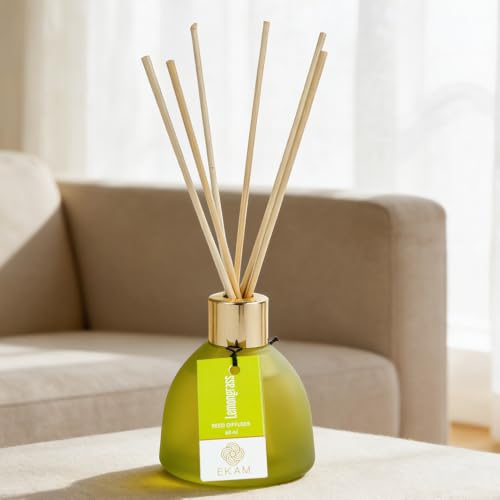 Image of Ekam Frosted Glass 60ml Lemongrass Reed Diffuser Set | Free 6 Fiber Reed Sticks | Stress Relief & Aromatherapy, Long-Lasting Home Fragrance (Up to 60 Days) | Air Freshener for Room, Bedroom & Bathroom
