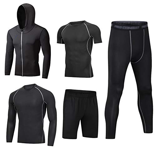HZQIFEI Homme 5 Pièces Vêtements de Sport avec Hoodies Vestes Manches Courtes/Longues Shirt Compression Collant Short Séchage Rapide Workout Ensemble de Fitness Sportswear (Style#5, L) Cover
