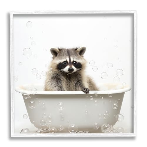 Image of Raccoon Bubble Bath Bathroom Charm, 12 x 12 Inch Framed Giclee Print | Stupell Industries . By Lazar Studio . Ready to hang . Whimsical gift for bath or laundry spaces . Made in USA