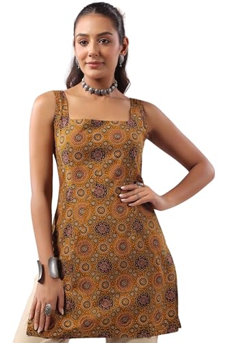 Image of Rimeline Women's Printed Cotton Sleeveless Square Neck Kurti Top | Straight Fit Ethnic Casual Tunic