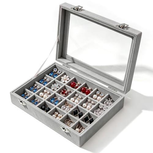 Aoyfuwell Organizador de anillos de terciopelo gris, 24 compartimentos, bandeja de almacenamiento con tapa de cristal transparente, diseño elegante, para uso doméstico, tienda y presentación de ventas