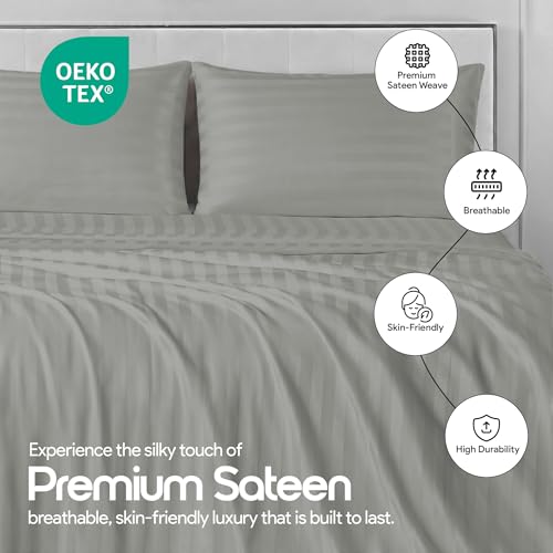 Image of LINENWALAS Cotton 300 Thread Count Single Size Bedsheet Set | 2 cm Sateen Stripe Design | Cloud-Soft, Breathable & Skin-Safe |Oeko-TEX Certified Hotel-Style Bedding (60 x 90, Silver Grey)