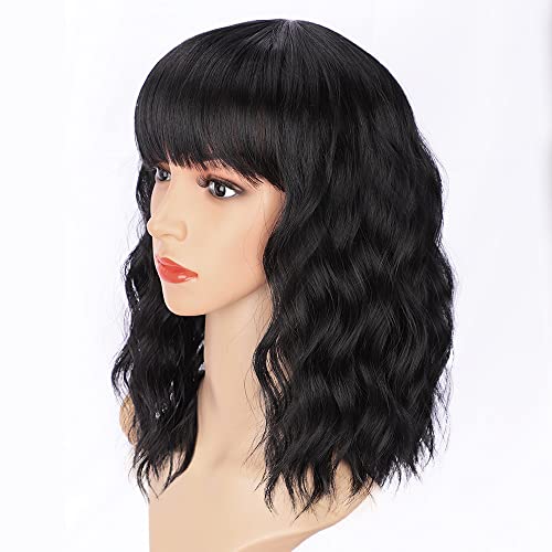 Image of AISI HAIR Bob Curly Wig Synthetic Short Black Wig with Bangs Natural Looking Heat Resistant Fiber Hair for Women