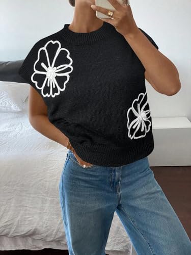 Image of SOLY HUX Women's Short Sleeve Sweater 3D Floral Sweaters Pullover Tank Tops Knit Vest Trendy Fashion Clothing