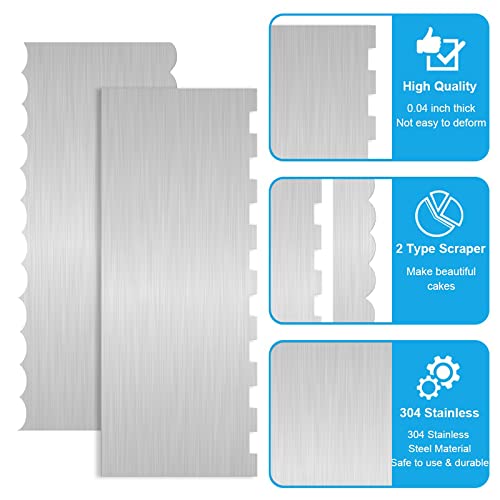 2 Pc Stainless Steel Cake Scraper Cake Decorating Tools Edge Side Jagged Wave Double Sided Patterned Comb Metal Cake Carving Smoothing Cream Pastry Baking(CS-21,CS-25)