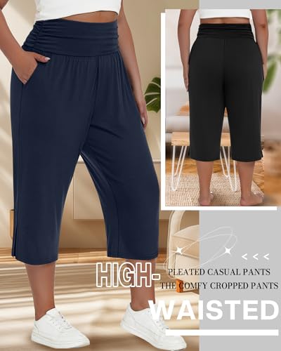 Neer 3 Pack Women's Plus Size Cotton Capri Pants High Waisted Wide Leg Loose Lounge Yoga Cropped Sweatpants with Pockets4