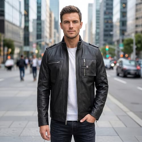 Image of Leather Jacket Men - Real Lambskin Motorcycle Jacket with Snap Tab Collar, Adjustable Waist & Zippered Pockets