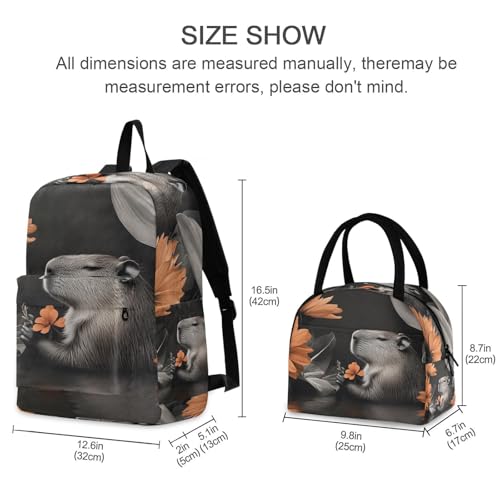 Backpack Lunch Bag Set Art Photo Capybara Print, Big Storage Travel Backpacks with Insulated Lunch Box for Office Hiking Picnic2