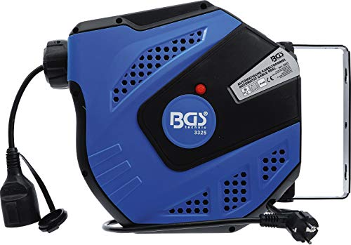 BGS | Automatische Kabeltrommel & Druckluftschlauch | 25 m + 1 m Zuleitung | 180° seitlich schwenkbar | inkl. Montagehalter | Thermo-Schutzschalter | 12 m + 2 m Schlauchlänge | Blau