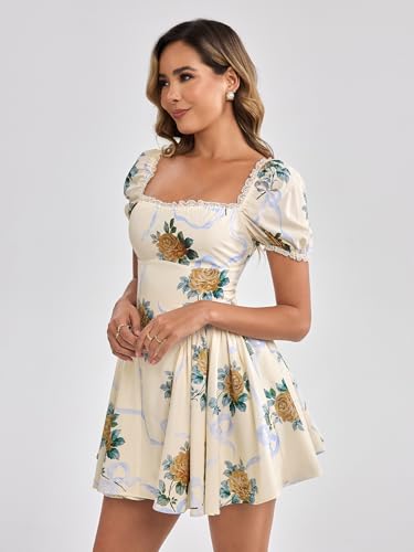 Image of Parthea Women's Floral Square Neck Mini Dress Lace Puff Sleeve Off Shoulder Smocked Flowy A Line Summer Dresses for 2026