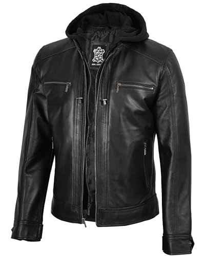 fjackets Men Leather Bomber Jacket - Real Lambskin Men's Leather Jackets with Detachable Hood Casual Leather Jackets For Mens